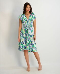 �P���W�[ ���f�B�[�X �g�b�v�X �����s�[�X V�l�b�N A ���C�� �v�����g �V���[�����O Kensie Women's Printed V-Neck Smocked-Back A-Line Dress White Multi �z���C�g