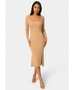 �x�x ���f�B�[�X �A�E�^�[ �j�b�g�E�Z�[�^�[ �~�f�B�����s�[�X �~�f�B Bebe Women's Long Sleeve Scoop Neck Sweater Midi Dress Camel �L������