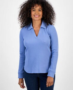 �X�^�C���A���h�R�[ ���f�B�[�X �g�b�v�X �V���c �j�b�g ���� Style & Co Women's Waffle-Knit Long-Sleeve Polo Top Blue Anchor �u���[