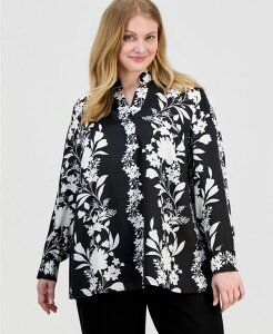 �A���N���C�� ���f�B�[�X �g�b�v�X �V���c �t�����[�� �u���E�X ���� �t�����[ Anne Klein Women's Long-Sleeve Floral Popover Blouse Anne Blck/Wht Dove Mlti