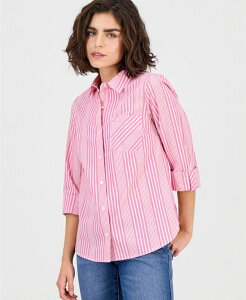 �i�E�e�B�J ���f�B�[�X �g�b�v�X �V���c Nautica Women'springfield Stripe Roll-Tab Shirt Aster Pink Multi �s���N