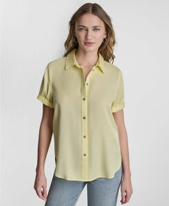 �_�i�L�������j���[���[�N ���f�B�[�X �g�b�v�X �V���c �v�����g ���� DKNY Jeans Women's Print Rolled Short-Sleeve Shirt Pastel Yellow �C�G���[