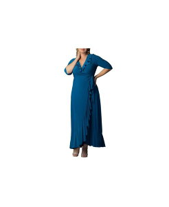 �L���i ���f�B�[�X �g�b�v�X �����s�[�X �v���X�T�C�Y �t���� �}�L�V Kiyonna Plusize Maritime Ruffle Maxi Dress with Sleeves Aegean blue �u���[