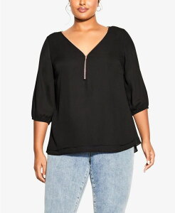 �V�e�B�[�V�b�N ���f�B�[�X �g�b�v�X �V���c �v���X�T�C�Y CITY CHIC Plusize Fashion Fling Elbow Sleeve Zip Neck Top Black �u���b�N