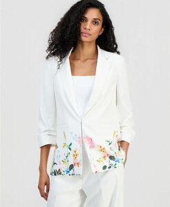�e�B�[�E�^�n�� ���f�B�[�X �A�E�^�[ �W���P�b�g�E�u���]�� �u���U�[ Tahari Women's Notched-Lapel Scrunch-Sleeve Blazer Sky White With Cosmic Springarden �z���C�g