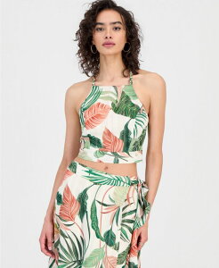 �Q�X ���f�B�[�X �g�b�v�X �V���c �v�����g �m�[�X���[�u GUESS Women's Gaelle Printed Sleeveless Crop Top CHOCO JUNGLE PRINT