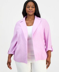 �y���������z �J�X�p�[�� ���f�B�[�X �W���P�b�g�E�u���]�� �A�E�^�[ Plus Size Linen Open-Front Seamed Roll-Tab-Sleeve Jacket Cosmo Pink/Lily White