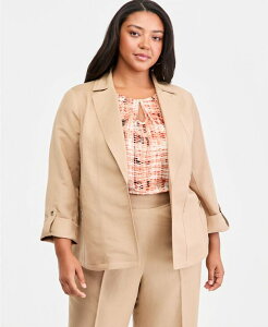 �y���������z �J�X�p�[�� ���f�B�[�X �W���P�b�g�E�u���]�� �A�E�^�[ Plus Size Linen Open-Front Seamed Roll-Tab-Sleeve Jacket Toasted Wheat