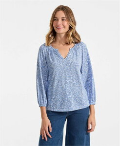 �����Y�G���h ���f�B�[�X �g�b�v�X �V���c �u���E�X �W���[�W�[ Lands' End Women's Lightweight Jersey 3/4 Sleeve Notch Neck Gather Blouse Misty blue tiny floral �u���[