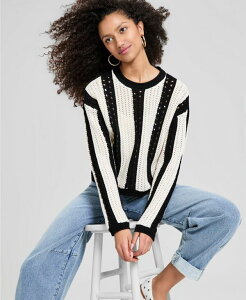 �A���h�m�E�f�B�X ���f�B�[�X �A�E�^�[ �j�b�g�E�Z�[�^�[ �N���[�l�b�N And Now This Women's Crewneck Stripe Crochet Sweater Macy's Exclusive Black �u���b�N