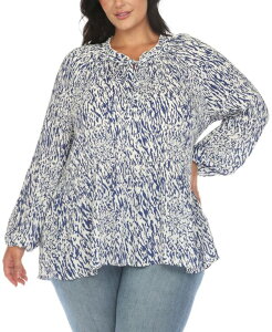 �z���C�g�}�[�N ���f�B�[�X �g�b�v�X �V���c �v�����g �u���E�X White Mark Women's Printed Peasant Blouse White Blue �z���C�g