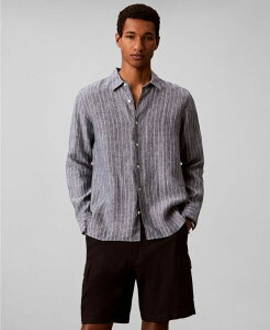 �J���o���N���C�� �����Y �g�b�v�X �V���c ���l�� Calvin Klein Men's Yarn-Dyed Pinstripe Linen Classic Shirt Navy Stone �l�C�r�[