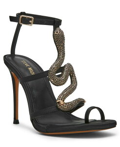 �X�e�B�[�u �}�f�� ���f�B�[�X �V���[�Y �T���_�� �q�[�� Steve Madden Women's Python Embellished T-Strap Stiletto Heel Dressandals Black Satin �u���b�N