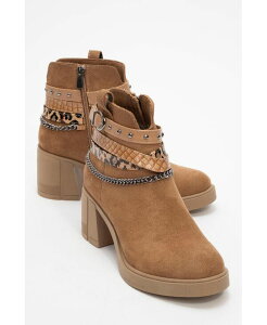 �v�����[�O�V���[�Y ���f�B�[�X �u�[�c�E���C���u�[�c �q�[�� Prologue Shoes Boliva Buckled Chain Block Heel Boot (Women) Cognac suede faux leather
