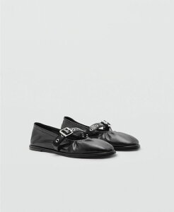 �}���S ���f�B�[�X �V���[�Y �p���v�X MANGO Women's Round Toe Buckle Ballerinas Black �u���b�N