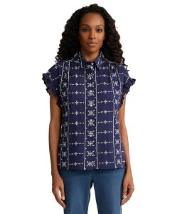 �W���[���Y�j���[���[�N ���f�B�[�X �g�b�v�X �V���c �h�J �u���E�X Jones New York Women's Flutter Sleevembroide red Button Front Blouse Pacific Navy �l�C�r�[