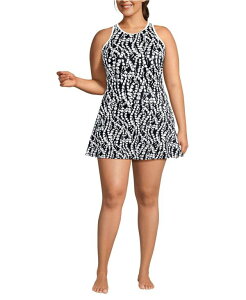 �����Y�G���h ���f�B�[�X �g�b�v�X �����s�[�X �n�C�l�b�N Lands' End Women's Tugless High Neck Swim Dresswimsuit Black/white vine floral �z���C�g