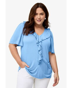 Ellos ���f�B�[�X �g�b�v�X �V���c �t���� ellos Women's Ruffle Neckline Flutter Sleeve Tunic Dream blue �u���[
