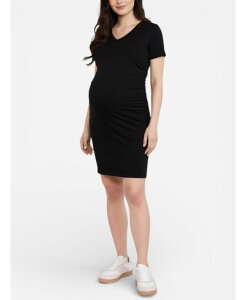 �}�U�[�t�b�h�}�^�j�e�B�[ ���f�B�[�X �g�b�v�X �����s�[�X V�l�b�N �M���U�[ �~�j Motherhood Maternity Women's V-Neck Short Sleeve Side Ruched Bodycon Mini Dress Black �u���b�N