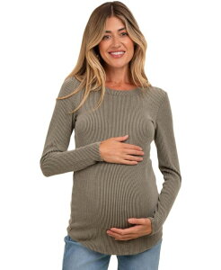 �s���N�u���b�V�� ���f�B�[�X �g�b�v�X �V���c ���u �}�^�j�e�B Pinkblush Maternity Ribbed Scoop Neck Long Sleeve Top Olive green �O���[��