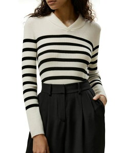 �����[�V���N ���f�B�[�X �A�E�^�[ �j�b�g�E�Z�[�^�[ �E�[�� LILYSILK Women'striped Ultra-fine Merino Wool Sweater White with black stripes �z���C�g