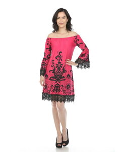 �z���C�g�}�[�N ���f�B�[�X �g�b�v�X �����s�[�X �v�����g �x���X���[�u ���[�X White Mark Women's Off-The-Shoulder Printed Bell-Sleeve Lace Hem Dress Fuchsia �t���[�V��