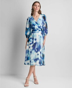 �_�i �L������ �j���[���[�N ���f�B�[�X �g�b�v�X �����s�[�X �~�f�B DKNY Women's 3/4-Balloon-Sleeve Surplice Necknot Front Midi Dresspring Navy/Aruba Blue Multi �l�C�r�[