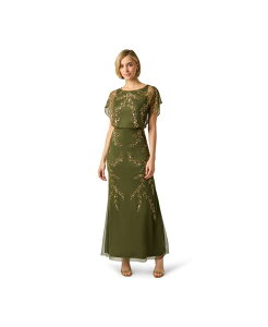 �A�h���A�i �p�y�� ���f�B�[�X �g�b�v�X �����s�[�X Adrianna Papell Studio Women's Beaded Flutter-Sleeve Blouson Gown OLIVE/GOLD �I���[�u