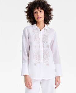 �`���[�^�[�N���u ���f�B�[�X �g�b�v�X �V���c �h�J ���l�� ���� Charter Club Women's 100% Linen Embroide red Long-Sleeve Shirt Bright White �z���C�g