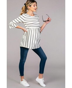 �s���N�u���b�V�� ���f�B�[�X �g�b�v�X �V���c �t���� �}�^�j�e�B Pinkblush Maternity Ivory Striped Peplum Ruffle Top Ivory �A�C�{���[