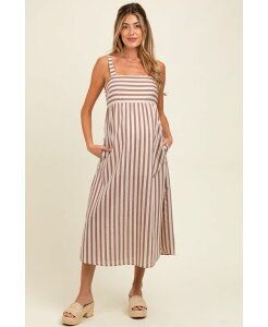 �s���N�u���b�V�� ���f�B�[�X �g�b�v�X �����s�[�X �~�f�B �m�[�X���[�u �}�^�j�e�B Pinkblush Maternity Mocha Striped Sleeveless Midi Dress Mocha ���J