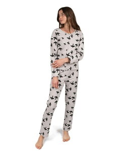 ���x���b�g ���f�B�[�X �A���_�[�E�F�A �i�C�g�E�F�A �R�b�g�� Leveret Women's Matching Family Two-Piece Cotton Long Sleeve Loose Fit Pajamas Bird light grey �O���[