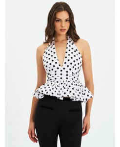 �~�X�T�[�N�� ���f�B�[�X �g�b�v�X �V���c �h�b�g�� �h�b�g �z���^�[ Miss Circle Women's Ilene White and Black Polka Dot Bubble Hem Halter Topolka dot �h�b�g