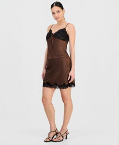 �o�[�X���[ ���f�B�[�X �{�g���X�J�[�g �~�j �T�e�� ���[�X Bar III Women's Lace-Trim Satin Mini Skirt Brown Lattice �u���E��