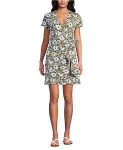 �����Y�G���h ���f�B�[�X �g�b�v�X �����s�[�X V�l�b�N �~�j �R�b�g�� Lands' End Women's Cotton Modal V Neck Mini Wrap Dress Clear blue sky floral blossom �u���[
