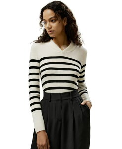 �����[�V���N ���f�B�[�X �A�E�^�[ �j�b�g�E�Z�[�^�[ �E�[�� LILYSILK Women'striped Ultra-fine Merino Wool Sweater White with black stripes �z���C�g