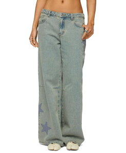 �A�f�B�N�e�b�h ���f�B�[�X �{�g���X �f�j���p���c ���[���C�Y �T�e�� �W�[���Y Edikted Women's Trish Satin Effect Stars Low Rise Jeans Blue-washed �u���[