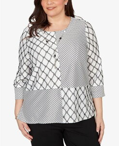 �A���t���b�h �_�i�[ ���f�B�[�X �g�b�v�X �V���c �v���X�T�C�Y ���[�X Alfredunner Plusize Crowd Pleaser Splicediamond Textu red Top with Necklace Black/White �z���C�g