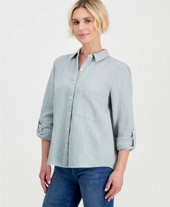 �X�^�C���A���h�R�[ ���f�B�[�X �g�b�v�X �V���c �v�` �R�b�g�� Style & Co Petite Perfect Button-Front Roll-Tab Cotton Shirt Antique Sage �Z�[�W