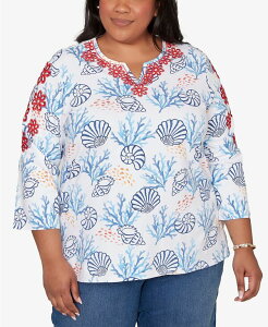 �A���t���b�h �_�i�[ ���f�B�[�X �g�b�v�X �V���c �v���X�T�C�Y �v�����g �h�J Alfredunner Plusize Port Side Shell Print Embroide red Top Blue Multi �u���[