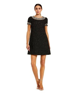 �}�b�N�_�K�� ���f�B�[�X �g�b�v�X �����s�[�X �~�j Mac Duggal Women'short Sleeve Boucle Mini Dress With Beading Detail Black gold �u���b�N