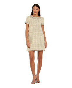 �}�b�N�_�K�� ���f�B�[�X �g�b�v�X �����s�[�X �~�j Mac Duggal Women'short Sleeve Boucle Mini Dress With Beading Detail Ivory gold �A�C�{���[