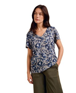 �P���e�B�b�N�A���h�R�[ ���f�B�[�X �g�b�v�X T�V���c V�l�b�N ���l�� Celtic & Co. Women's Relaxed V-Neck Linen Blend T-Shirt Mid blue leaf �u���[