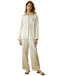 �����[�V���N ���f�B�[�X �A���_�[�E�F�A �i�C�g�E�F�A �R���g���X�g LILYSILK Women's Contrast Piping Button-Up Fullength Pajama Set Lily white �z���C�g