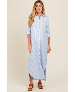 �s���N�u���b�V�� ���f�B�[�X �g�b�v�X �����s�[�X �{�^���_�E�� �}�^�j�e�B �}�L�V Pinkblush Maternity Striped Button Down Maxi Dress Light blue �u���[