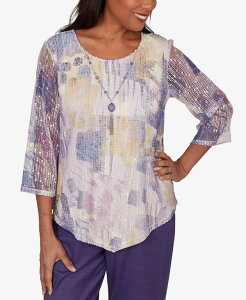 �A���t���b�h �_�i�[ ���f�B�[�X �g�b�v�X �V���c �v�` ���b�V�� ���[�X Alfredunner Petite Grand Bazaar Stained Glass Mesh Top with Necklace Amethyst Multi �}���`�J���[