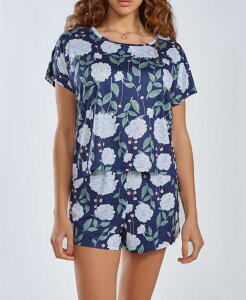 �A�C�R���N�V���� ���f�B�[�X �A���_�[�E�F�A �i�C�g�E�F�A �V���[�g�p���c iCollection Women's Ultra Soft 2 Piece Top and Shorts Pajama Set Blue Multi �u���[
