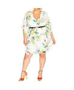 �V�e�B�[�V�b�N ���f�B�[�X �g�b�v�X �����s�[�X �v���X�T�C�Y �v�����g CITY CHIC Plusize Color Wraprint Dress Ivory sunnie floral �A�C�{���[