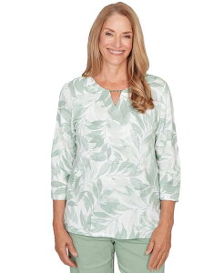 �A���t���b�h �_�i�[ ���f�B�[�X �g�b�v�X �V���c �v�` �v�����g Alfredunner Petite Monotone Leaf Print Split Neck Top Celery