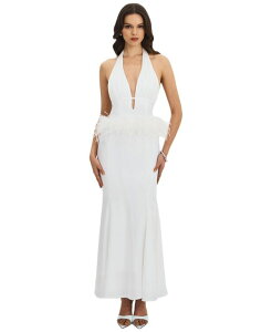 �~�X�T�[�N�� ���f�B�[�X �g�b�v�X �����s�[�X �w���J�� �v���[�c �}�L�V �z���^�[ Miss Circle Women Solene Pleated Halter Backless Feather-Trimaxi Dress White �z���C�g